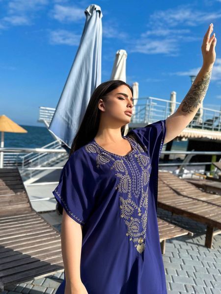 Легка максі сукня-кафтан синя PLUS SIZE для відпочинку SW656-універсальний фото
