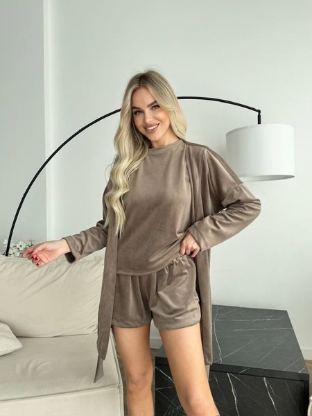 Велюрова коричнева піжама трійка з халатом DO2820/1-4XL/5XL фото