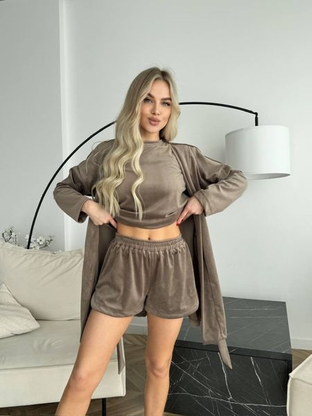 Велюрова коричнева піжама трійка з халатом DO2820/1-4XL/5XL фото
